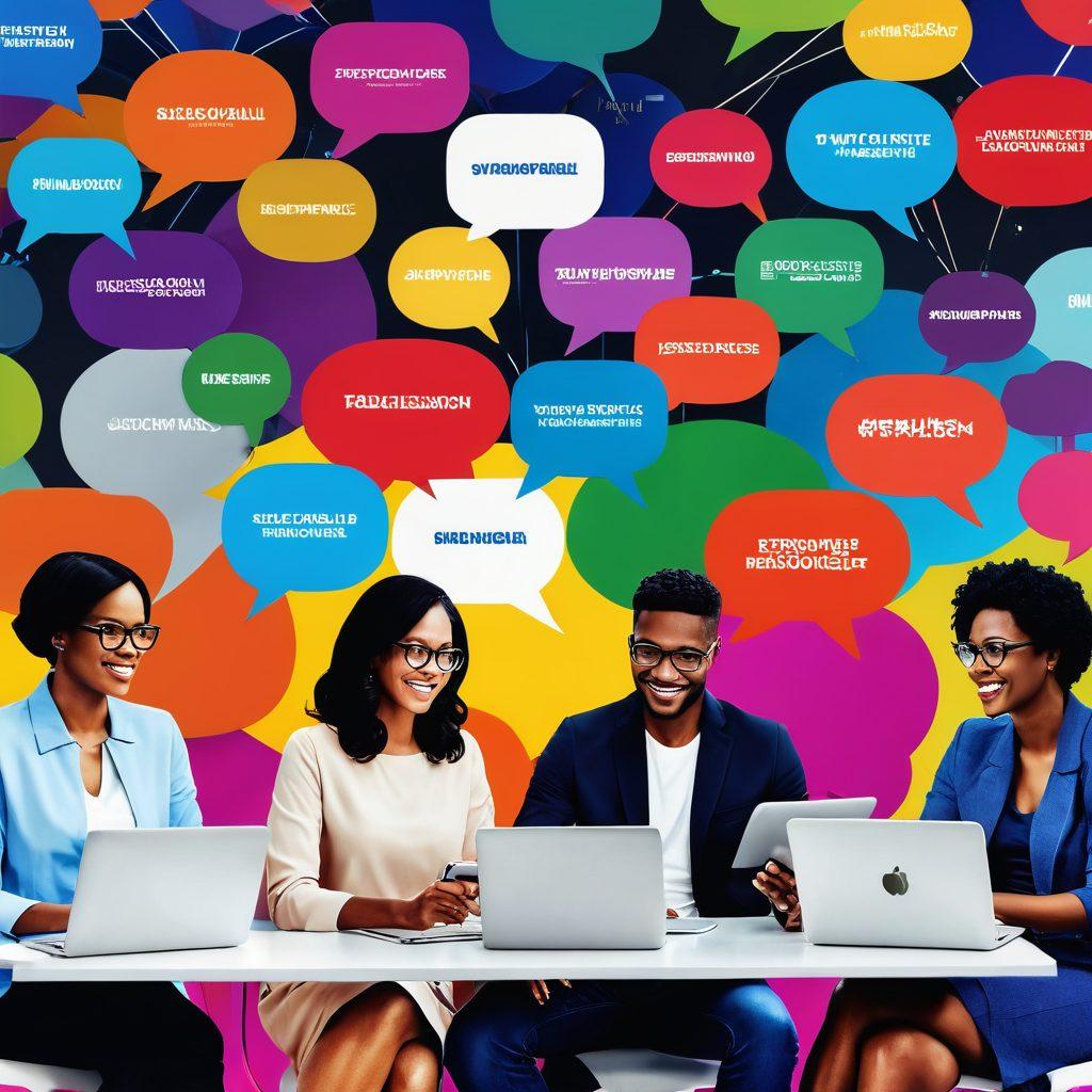 A vibrant digital collage illustrating diverse people engaging in virtual discussions across varied devices like laptops and tablets. Incorporate speech bubbles showcasing supportive messages and ideas, enveloped in a network framework symbolizing connection and empowerment. The background features abstract graphics representing growth and positivity, evoking a sense of community and dialogue. super-realistic. vibrant colors. 3D.