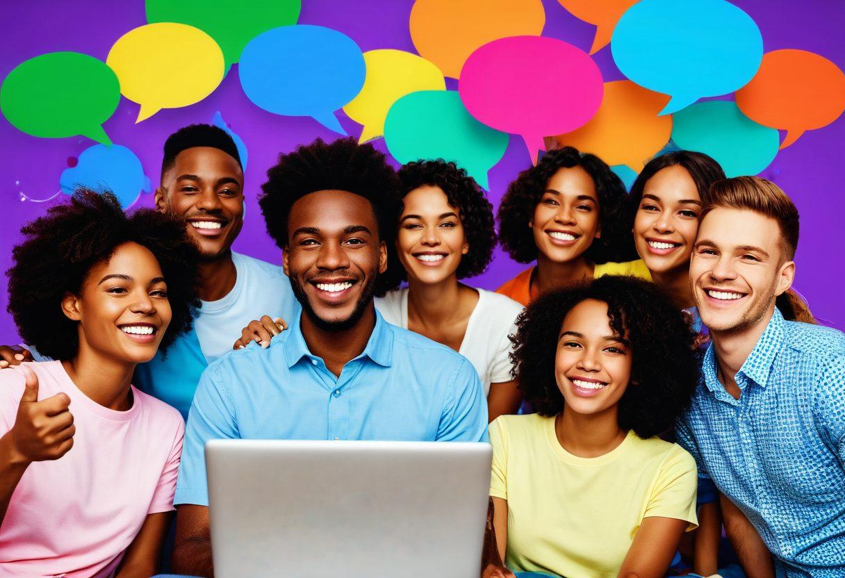 A joyful diverse group of individuals, with bright smiles, engaging in a supportive online community environment, surrounded by colorful speech bubbles depicting positive messages and encouragement. A warm, inviting digital landscape in the background, symbolizing connection and support. The scene is infused with a sense of togetherness and happiness. vibrant colors. 3D. soft focus.
