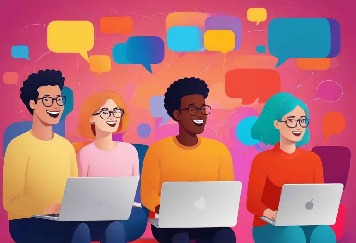 A vibrant scene depicting a diverse group of people engaging happily in an online forum discussion, surrounded by colorful speech bubbles representing various topics. Laptops and smartphones are integrated into the design, showcasing joyful expressions. The background includes abstract illustrations of a digital community, symbolizing connectivity and support. bright colors. vector art.
